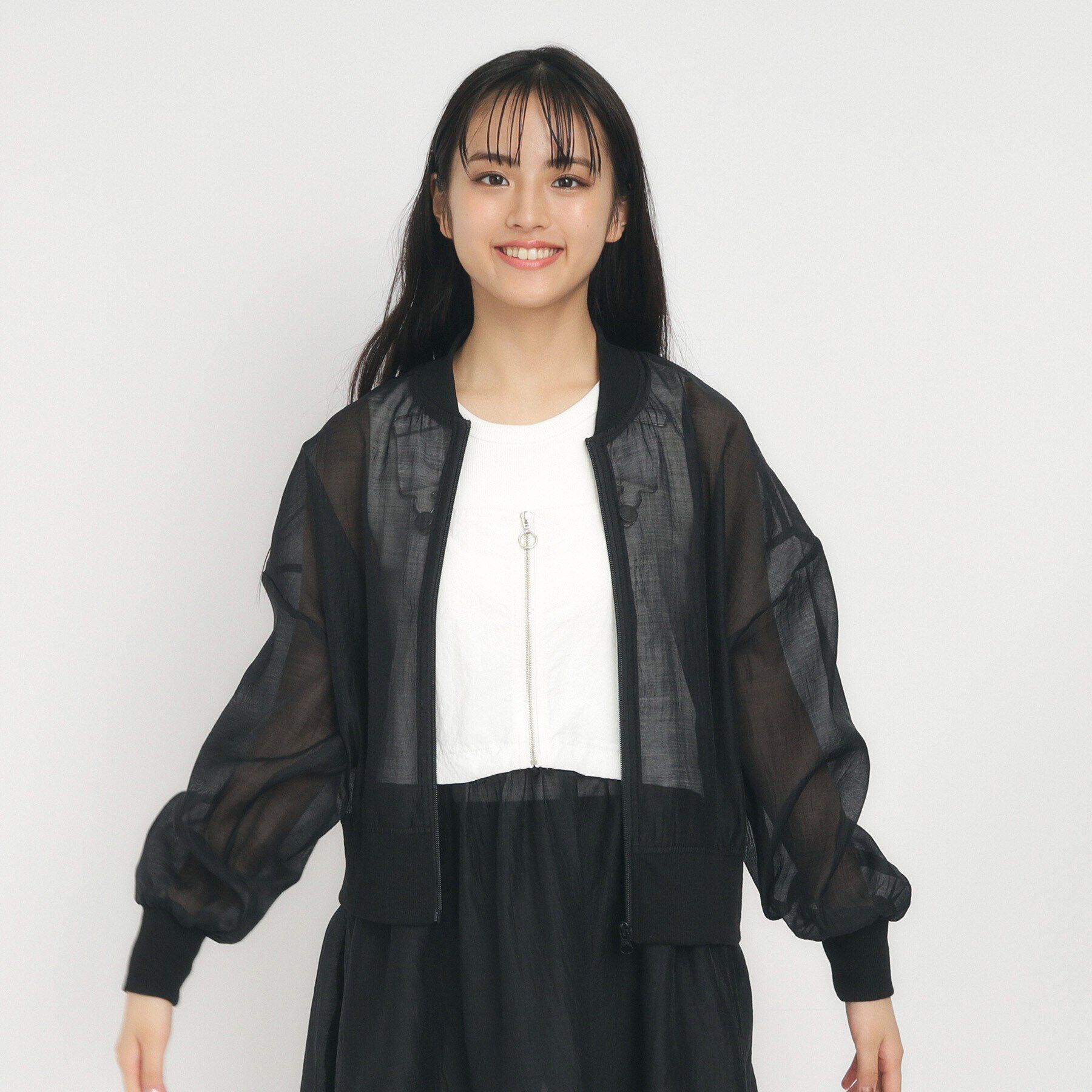 PINK-latte「【ニコラ10月号掲載】秋まで着れる！シアーブルゾン」|ブルゾン・スタジャン|ﾌﾞﾗｯｸ(019)