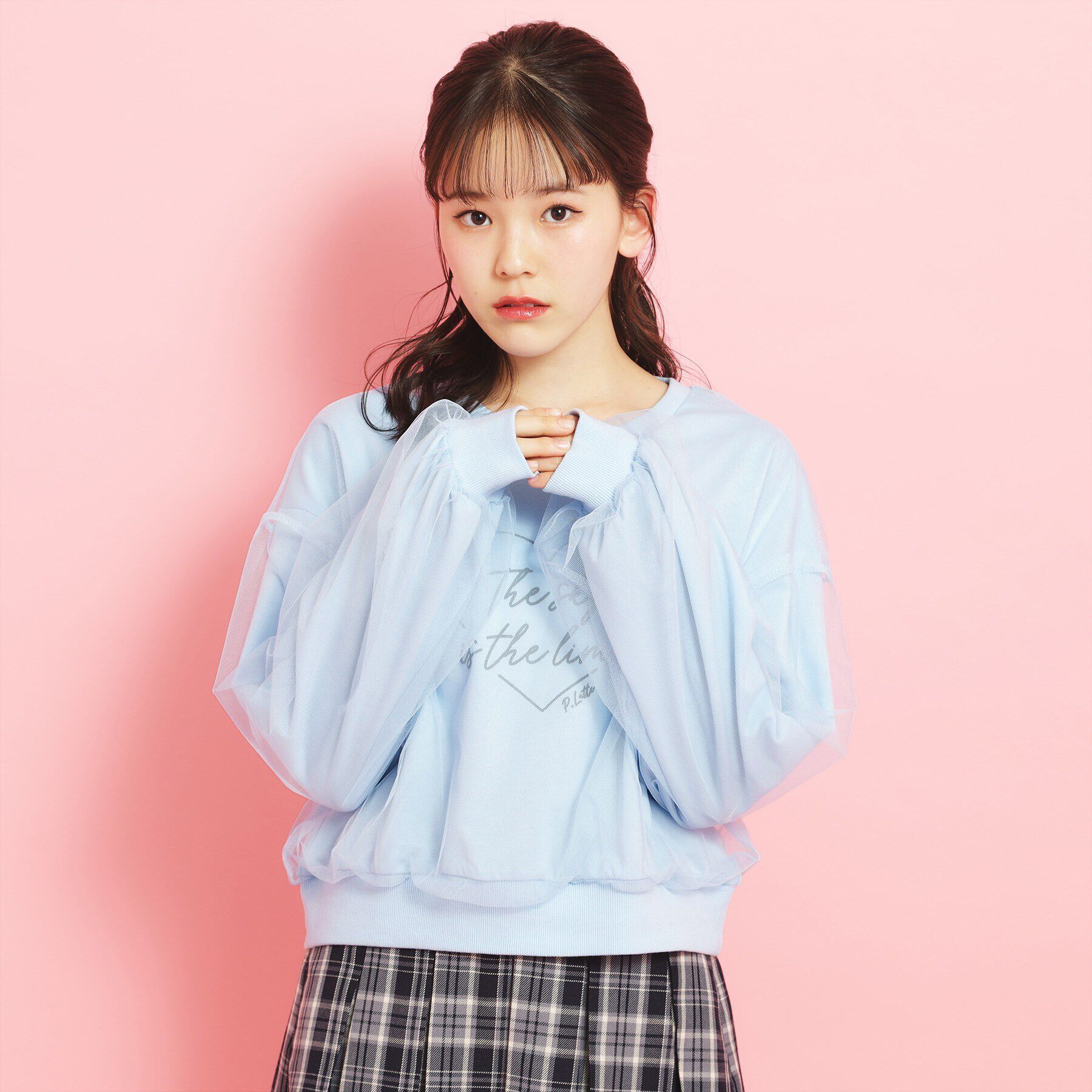 PINK-latte「ミニ裏毛 チュールスウェット」|その他|ブルー(091)