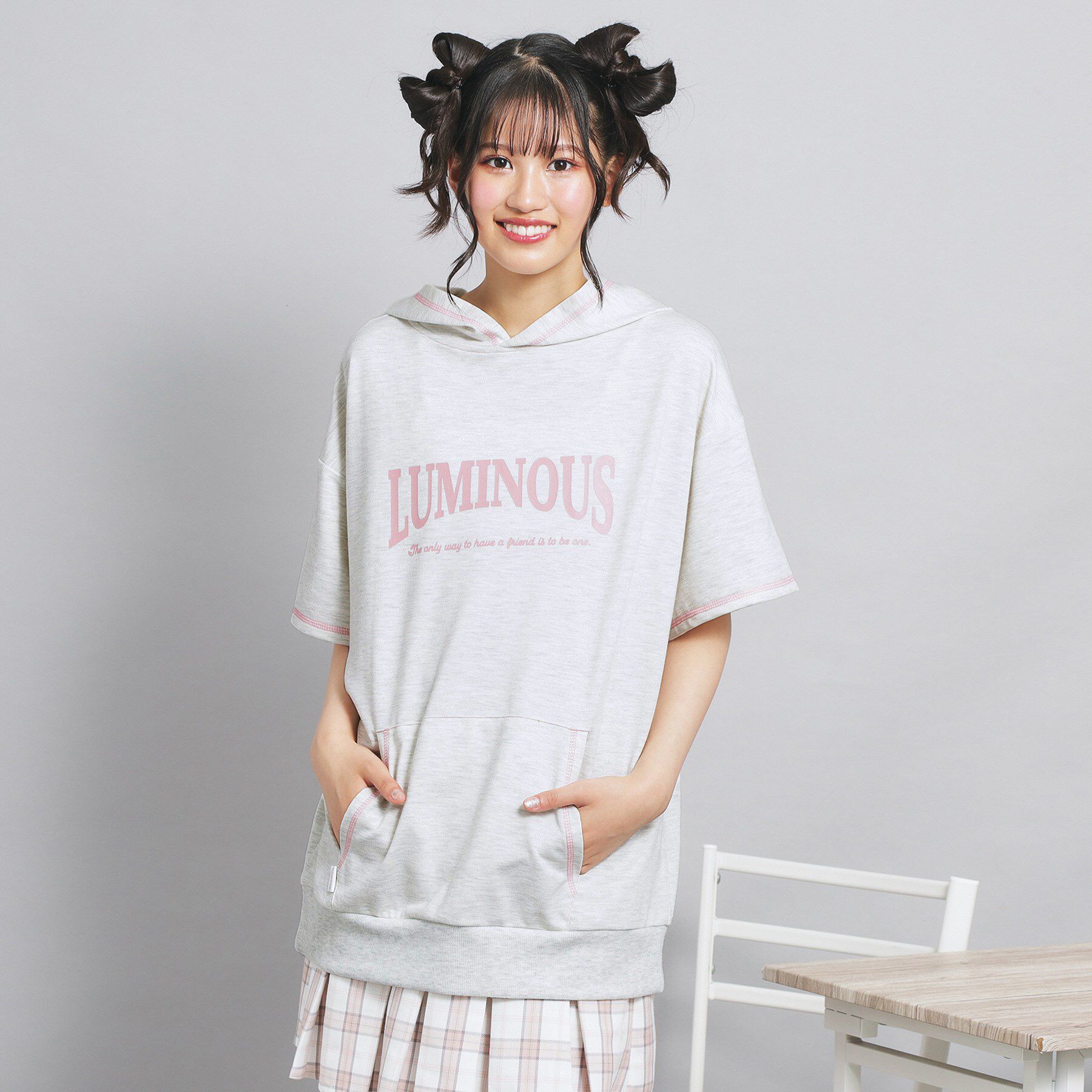 PINK-latte「配色ステッチパーカチュニック」|パーカー|