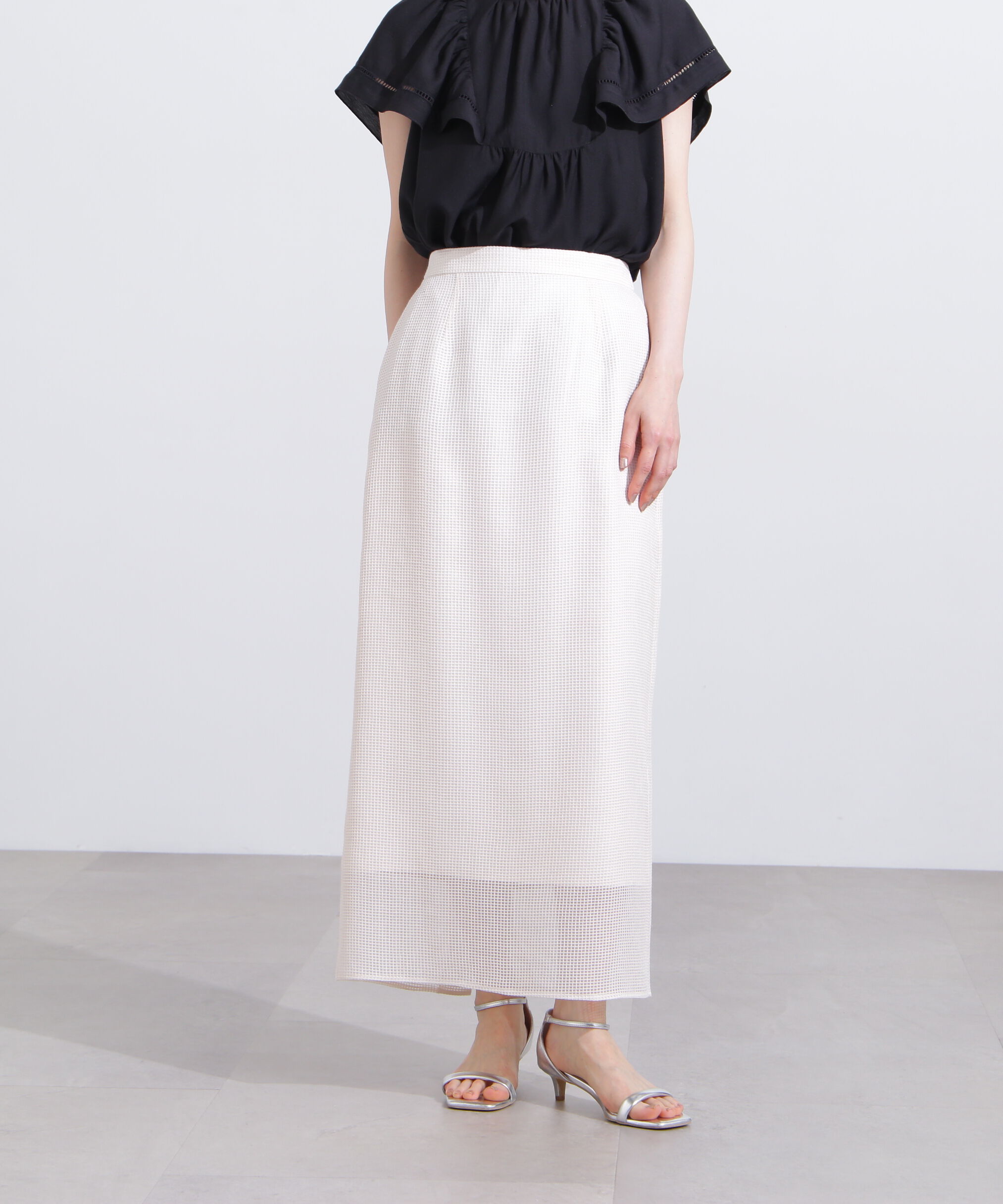  「メッシュチェックナロースカート」|スカート|オフベージュ1