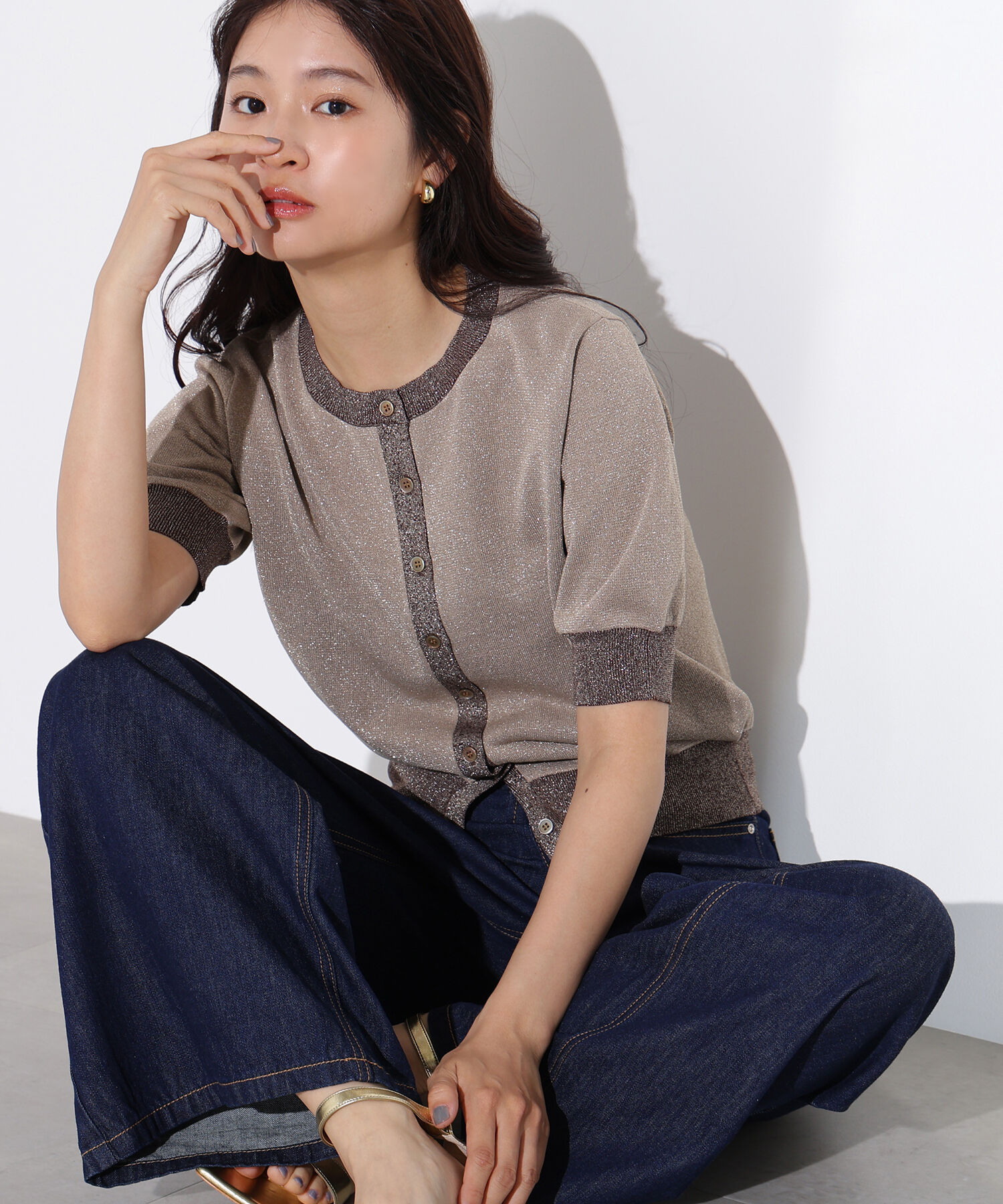  「バイカラーラメカーディガン」|ニット・セーター|ベージュ&times;ブ  2