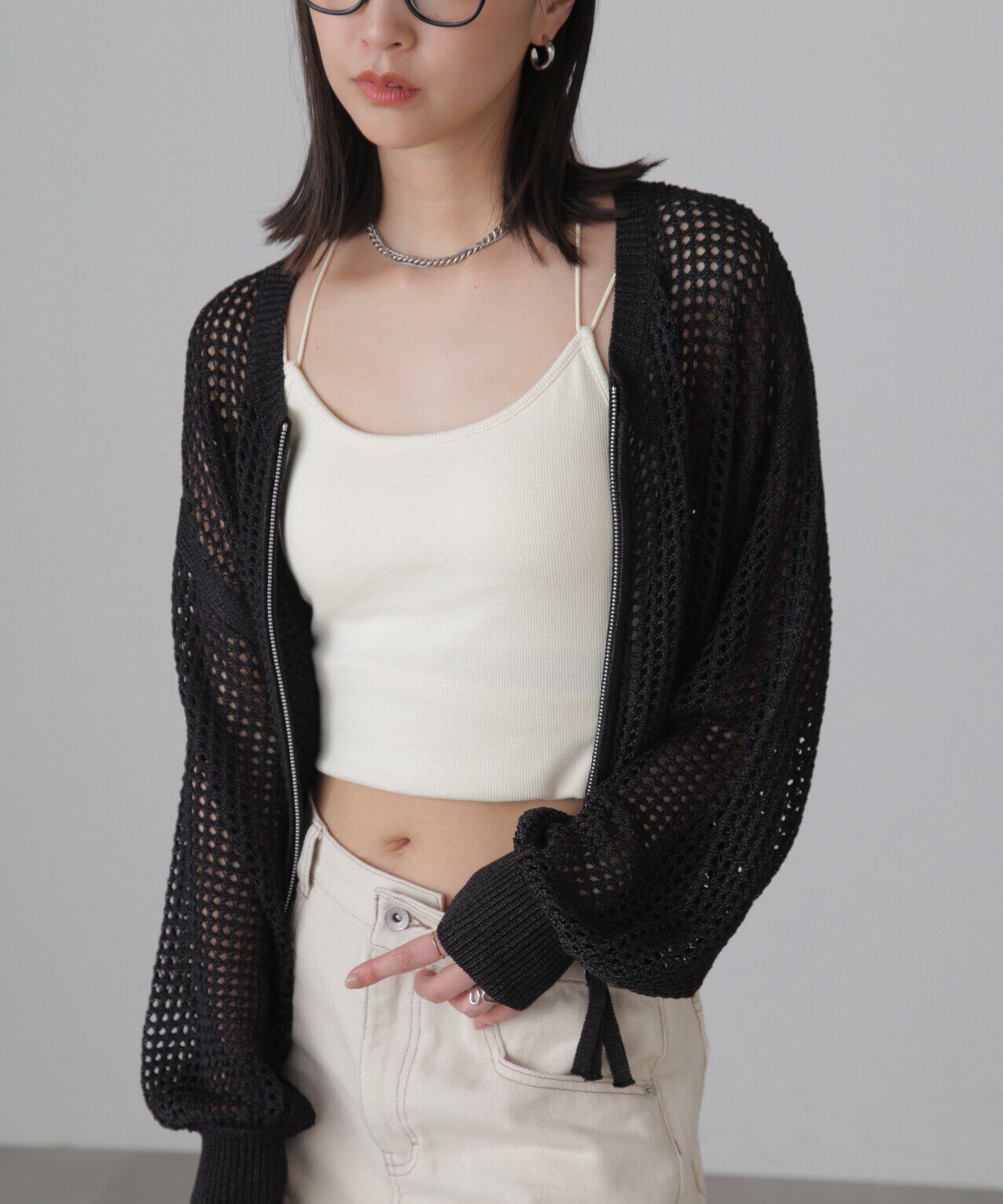  「フロントジップラメメッシュカーディガン」|ニット・セーター|