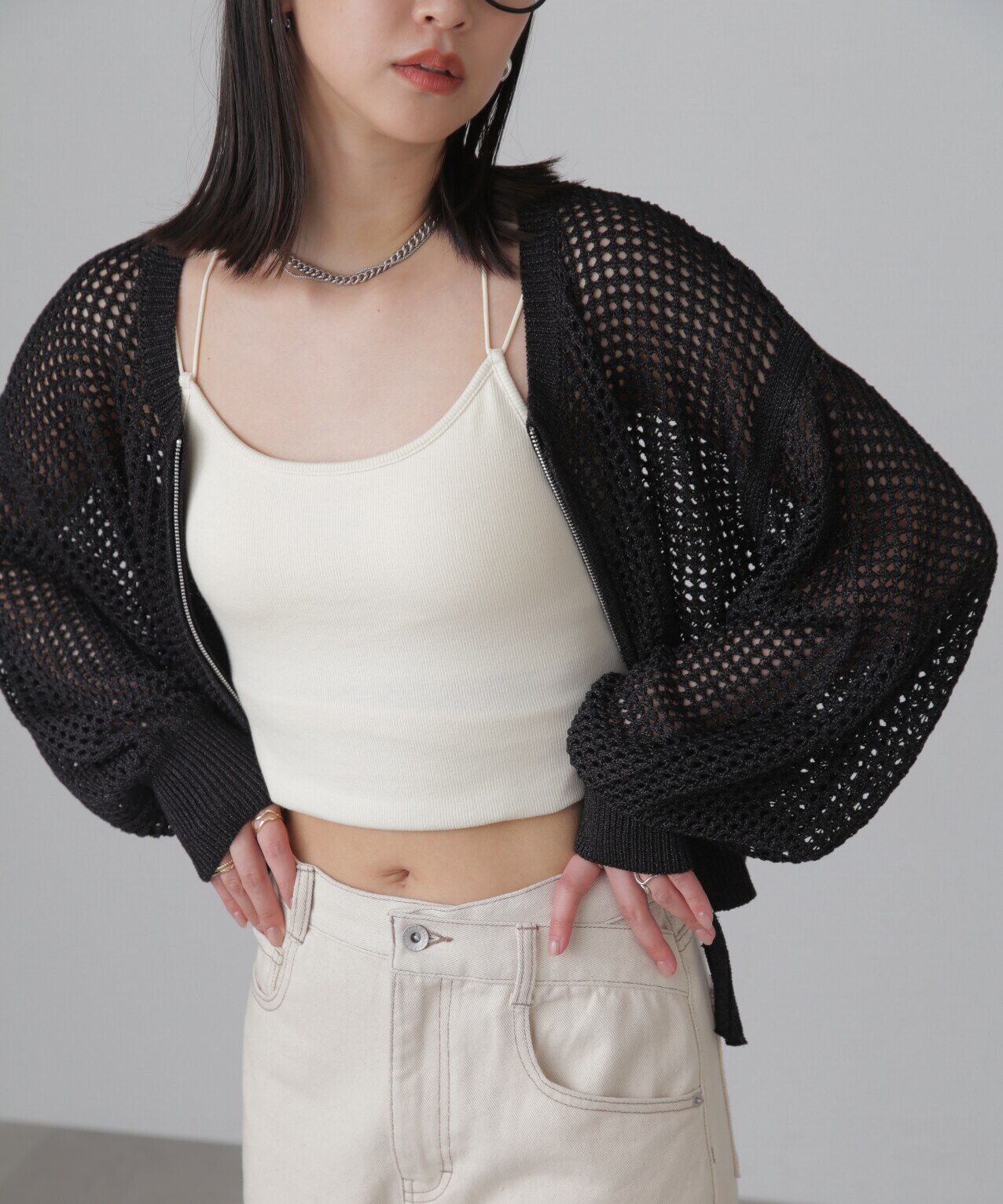  「フロントジップラメメッシュカーディガン」|ニット・セーター|
