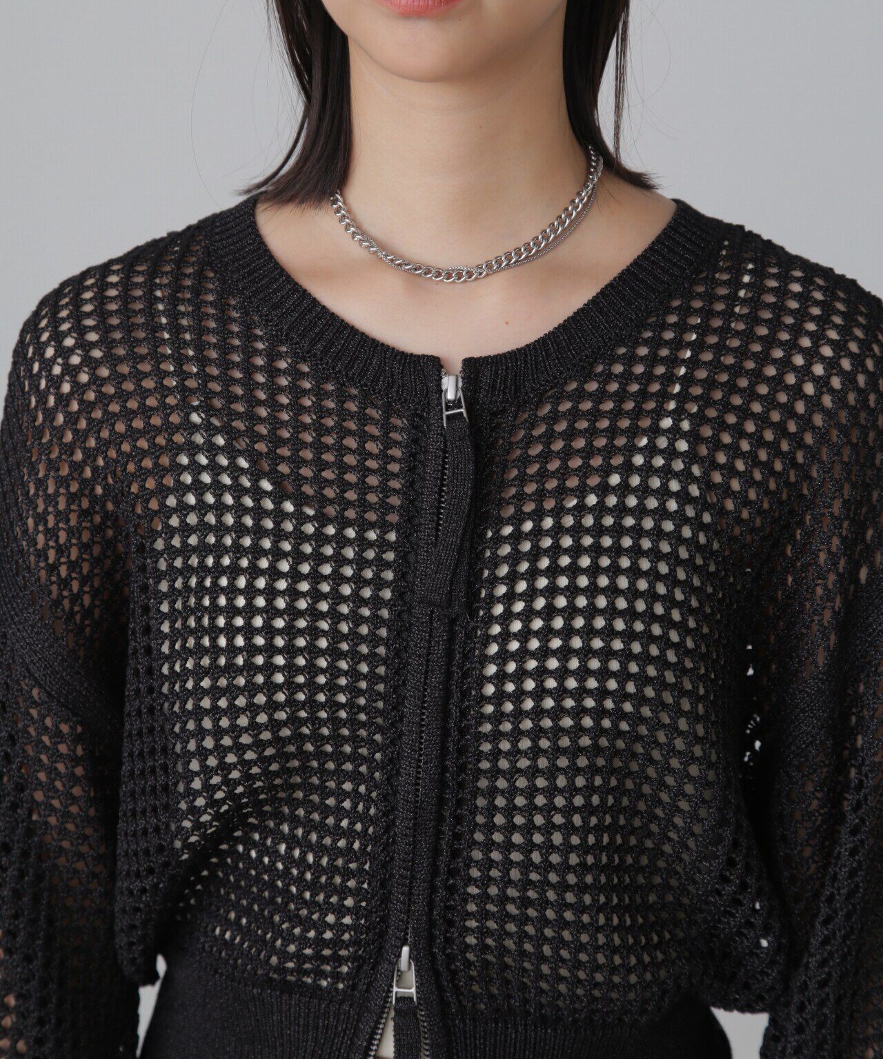  「フロントジップラメメッシュカーディガン」|ニット・セーター|