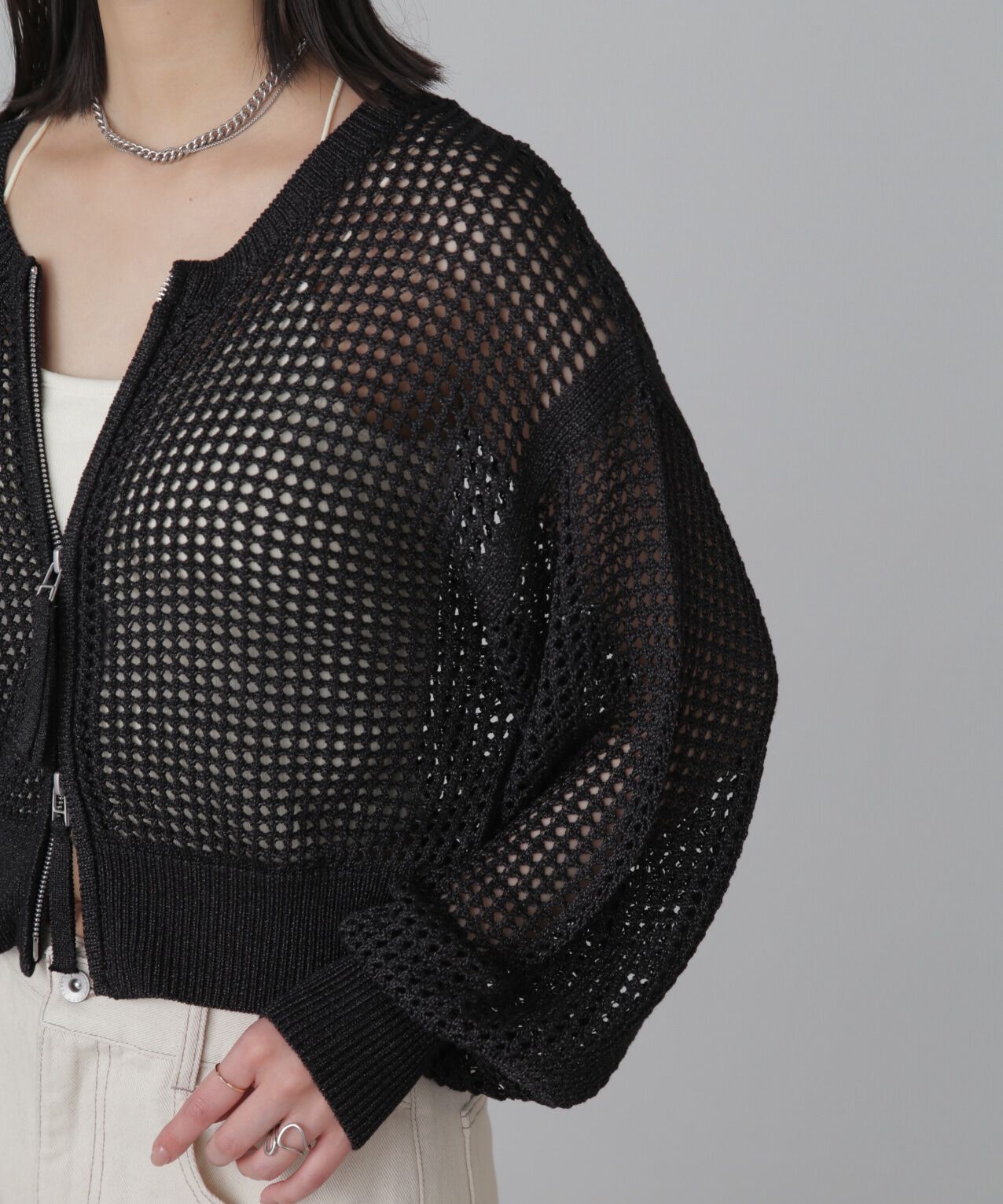  「フロントジップラメメッシュカーディガン」|ニット・セーター|