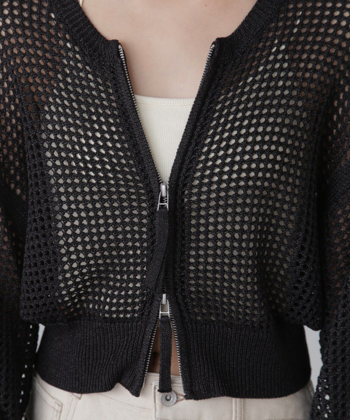  「フロントジップラメメッシュカーディガン」|ニット・セーター|