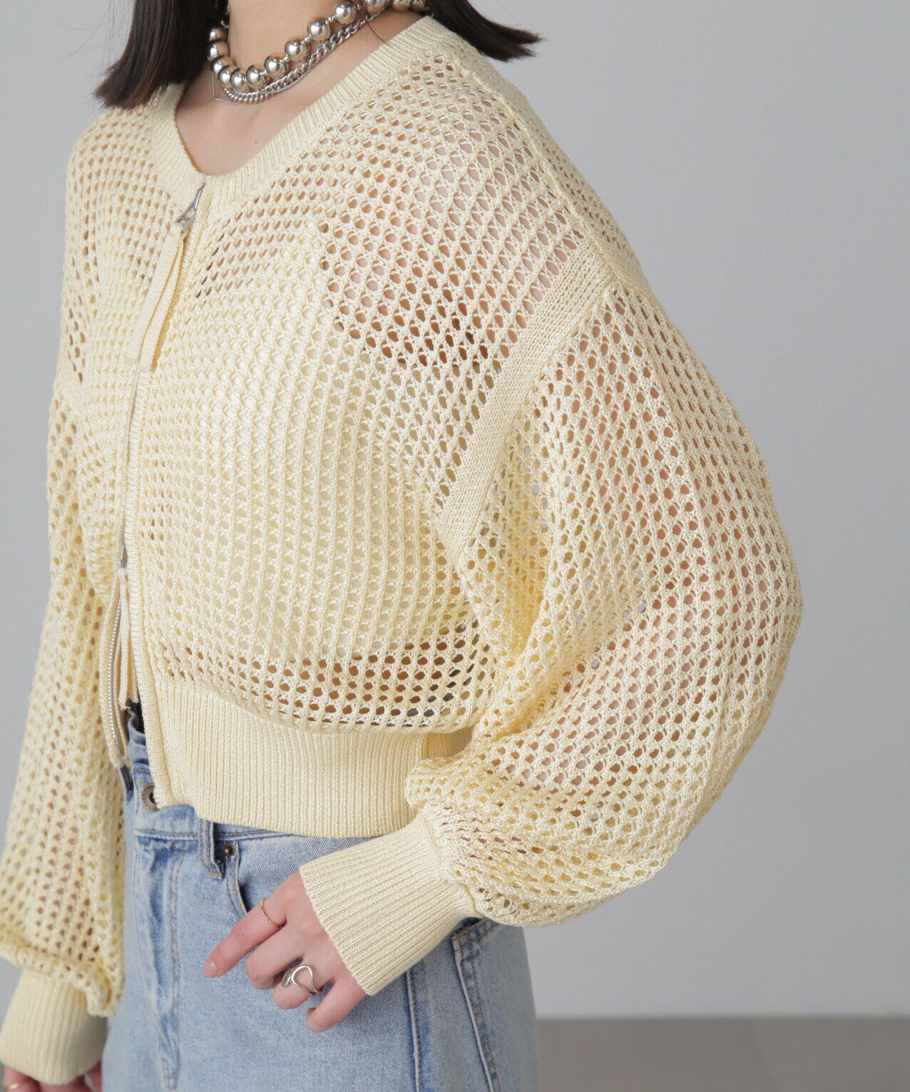  「フロントジップラメメッシュカーディガン」|ニット・セーター|