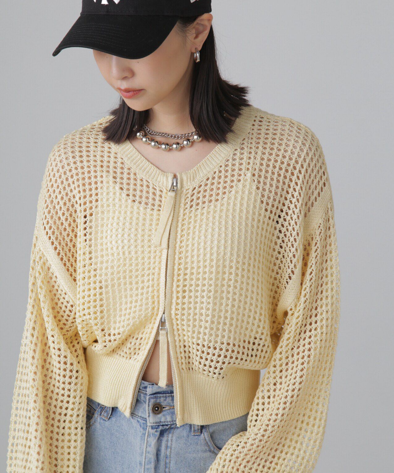  「フロントジップラメメッシュカーディガン」|ニット・セーター|