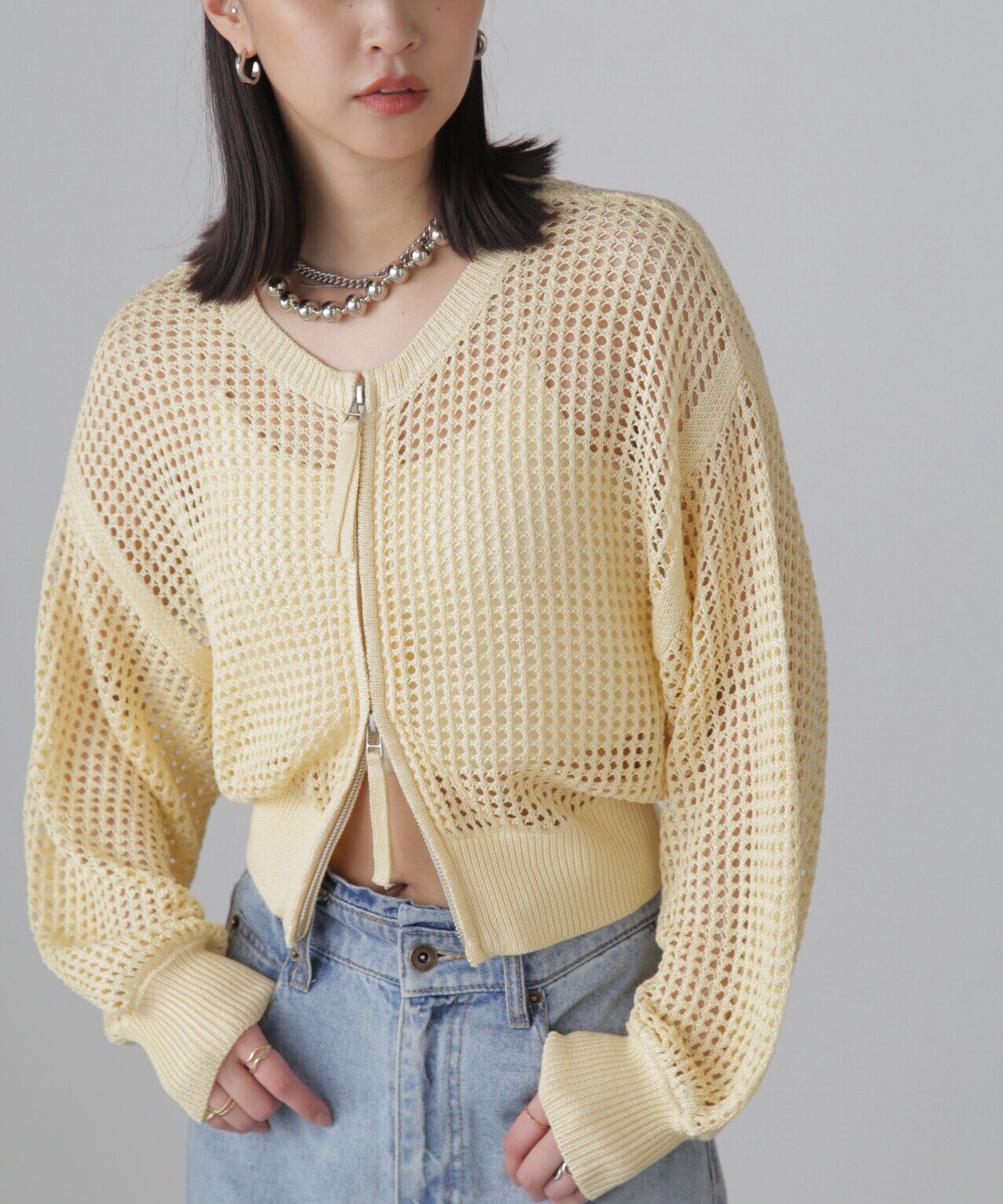  「フロントジップラメメッシュカーディガン」|ニット・セーター|