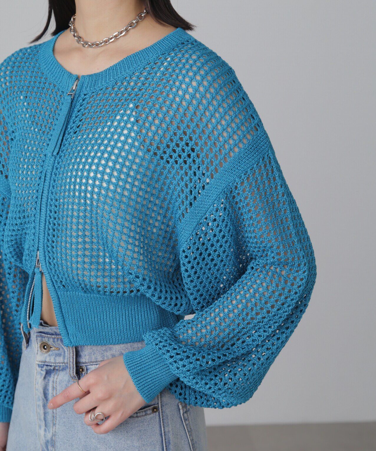  「フロントジップラメメッシュカーディガン」|ニット・セーター|