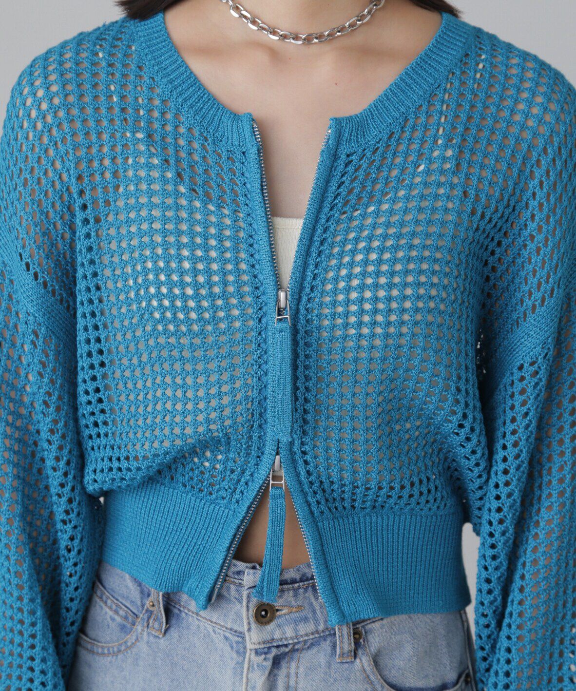  「フロントジップラメメッシュカーディガン」|ニット・セーター|