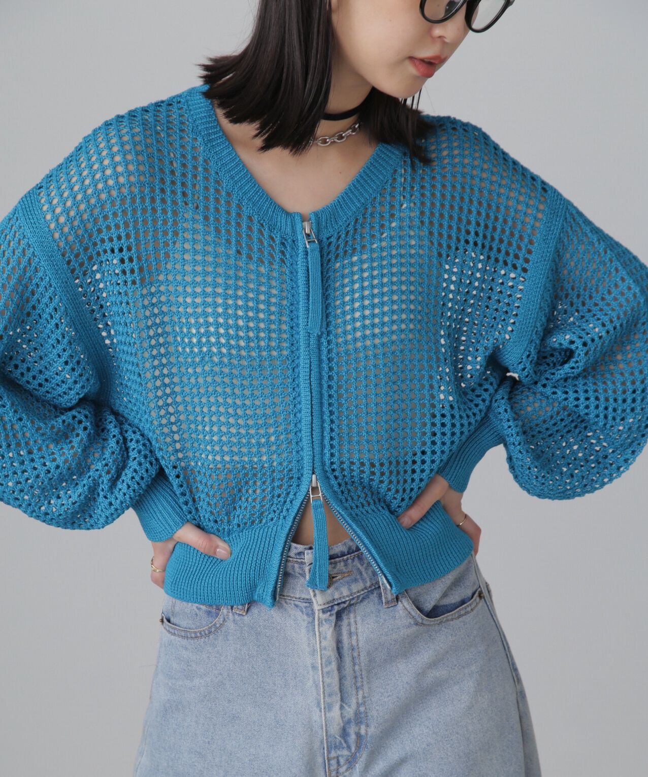  「フロントジップラメメッシュカーディガン」|ニット・セーター|