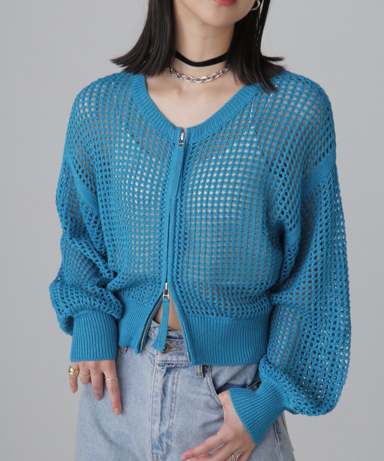  「フロントジップラメメッシュカーディガン」|ニット・セーター|