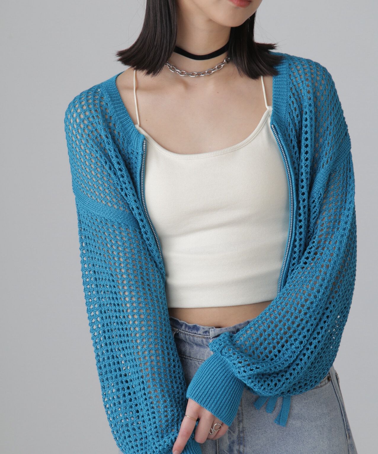  「フロントジップラメメッシュカーディガン」|ニット・セーター|
