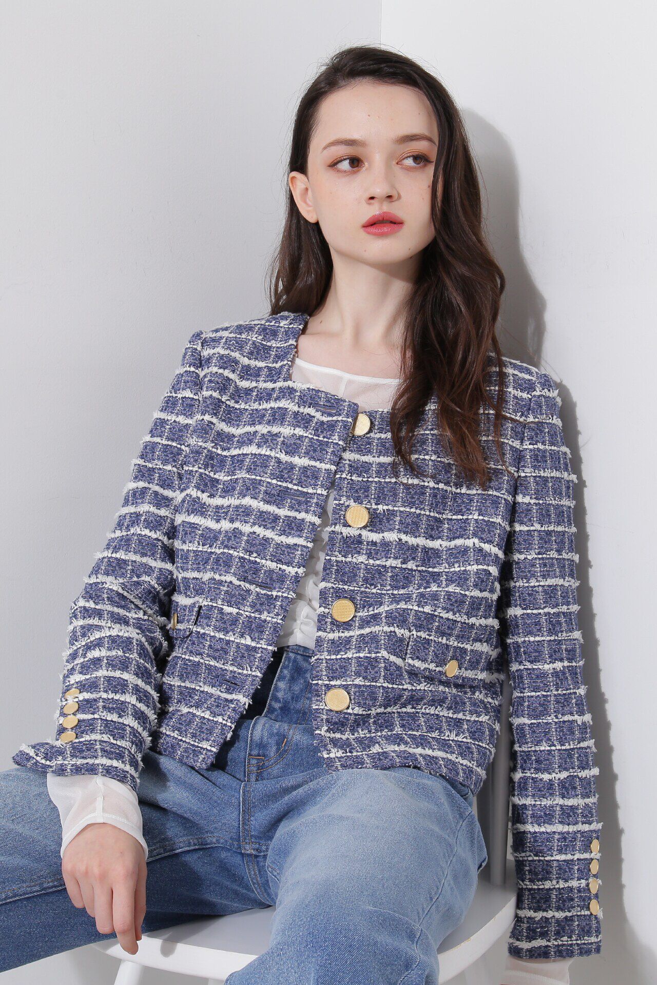  「◆スクエアーネックツイードジャケット」|その他|ブルー系1