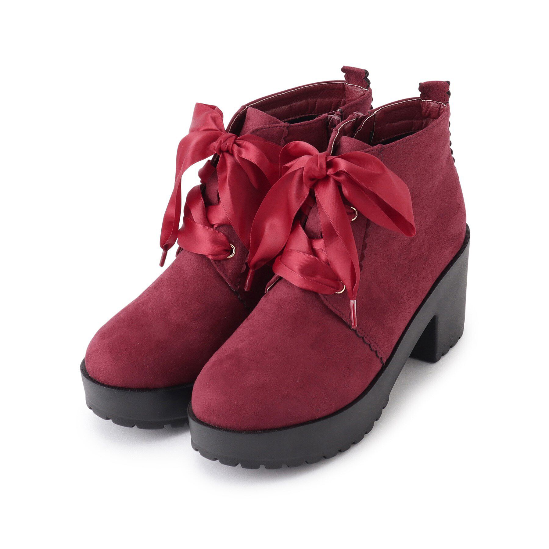 csT&P「厚底ガーリーレースアップフラワーカットブーツ」|ショートブーツ|ﾚｯﾄﾞ(163)