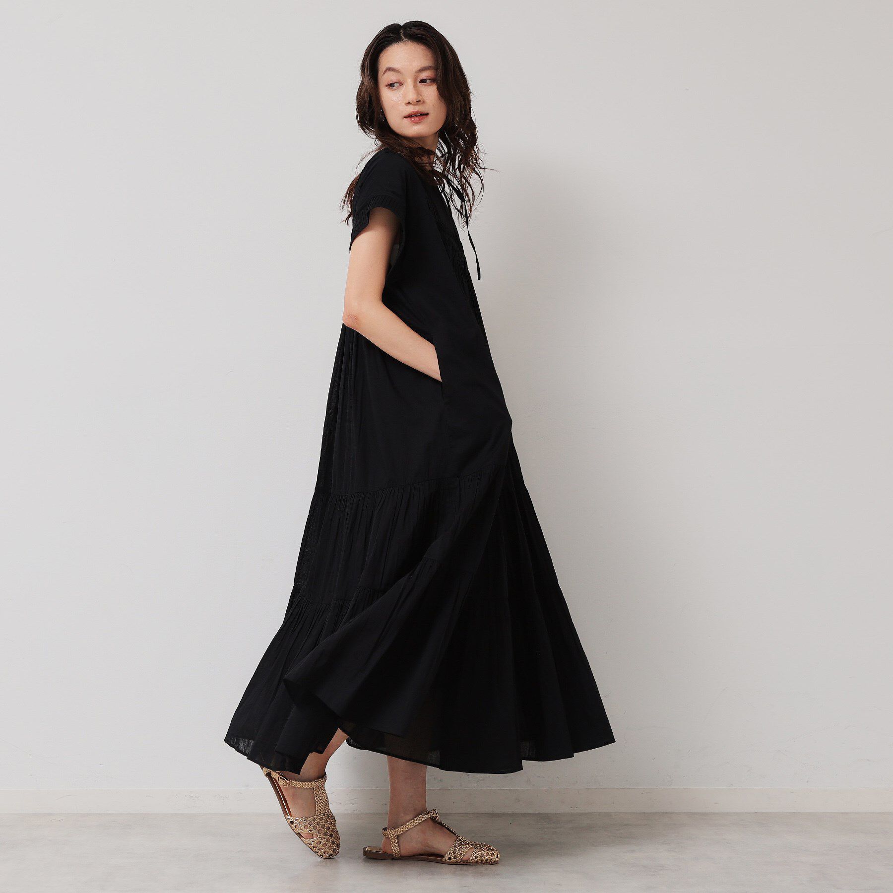 SunaUna「【涼しい！／インド綿】ティアードロングワンピース」|ワンピース|ブラック(019)
