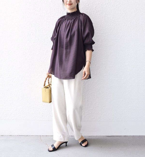 SHIPS for women「〈洗濯機可能〉シアー シャーリング ネック 5分袖 ブラウス」|シャツ・ブラウス|