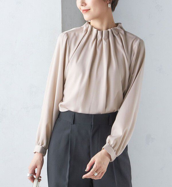 SHIPS for women「〈手洗い可能〉ネック ギャザー ソリッド 起毛 サテン ブラウス」|シャツ・ブラウス|ピンク