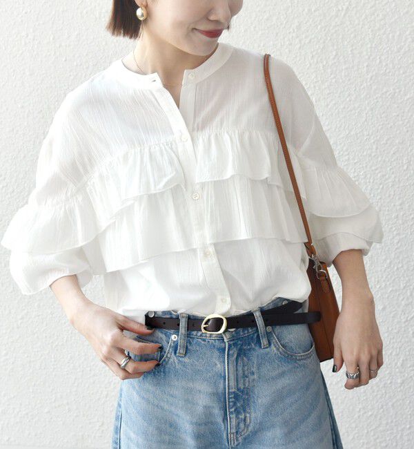 SHIPS any「SHIPS any:〈洗濯機可能〉シアー ボイル フリル バンドカラー シャツ ブラウス」|シャツ・ブラウス|