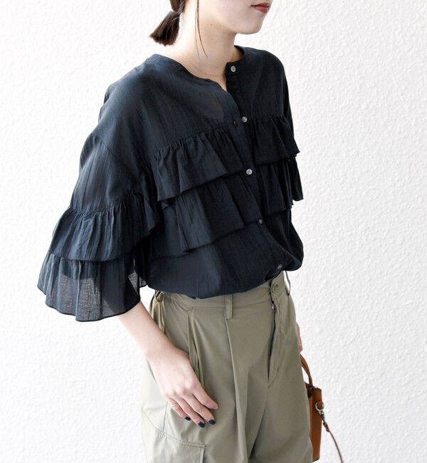 SHIPS any「SHIPS any:〈洗濯機可能〉シアー ボイル フリル バンドカラー シャツ ブラウス」|シャツ・ブラウス|