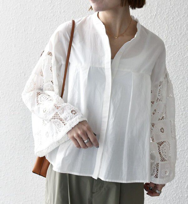 SHIPS any「SHIPS any:〈手洗い可能〉パッチワーク レース スリーブ バンドカラー シャツ」|シャツ・ブラウス|