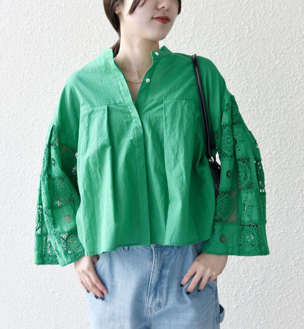 SHIPS any「SHIPS any:〈手洗い可能〉パッチワーク レース スリーブ バンドカラー シャツ」|シャツ・ブラウス|