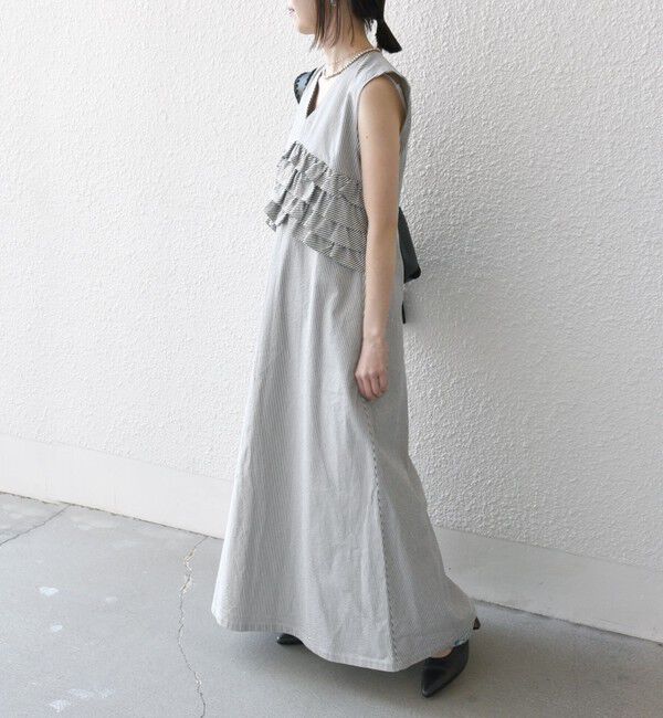 SHIPS any「SHIPS any:〈洗濯機可能〉コードレーン ストライプ フリル Vネック ワンピース」|ワンピース|