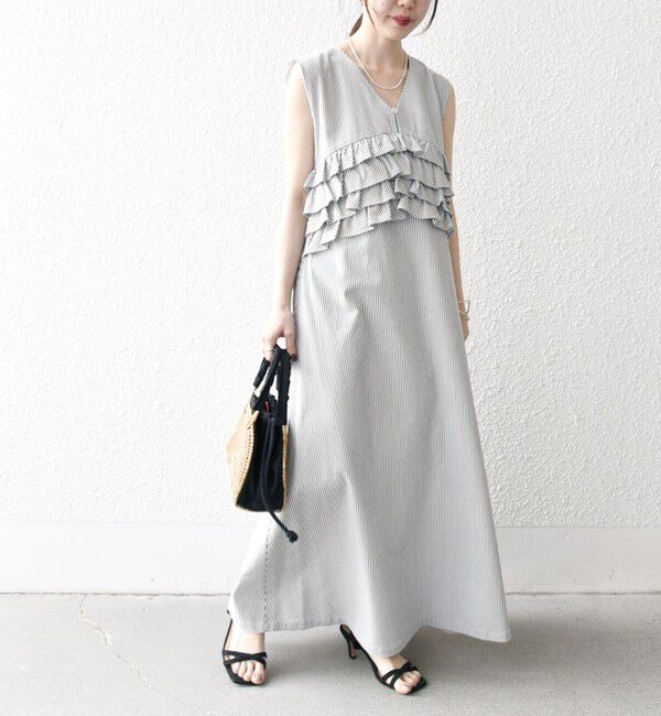 SHIPS any「SHIPS any:〈洗濯機可能〉コードレーン ストライプ フリル Vネック ワンピース」|ワンピース|