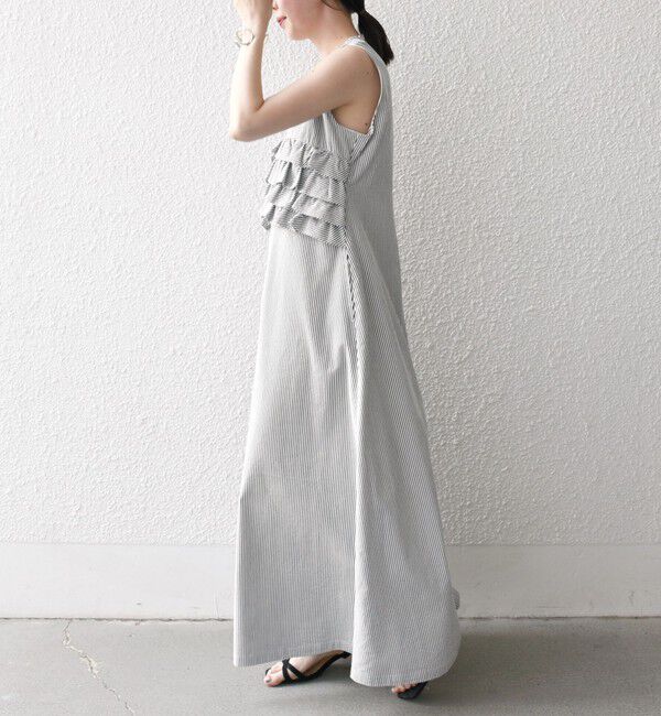 SHIPS any「SHIPS any:〈洗濯機可能〉コードレーン ストライプ フリル Vネック ワンピース」|ワンピース|