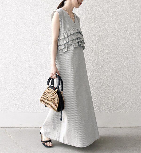 SHIPS any「SHIPS any:〈洗濯機可能〉コードレーン ストライプ フリル Vネック ワンピース」|ワンピース|