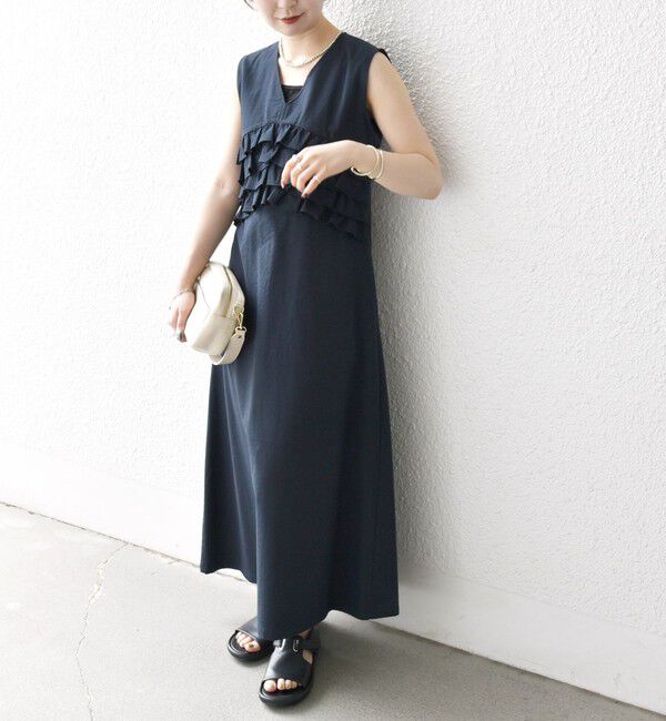 SHIPS any「SHIPS any:〈洗濯機可能〉コードレーン ストライプ フリル Vネック ワンピース」|ワンピース|