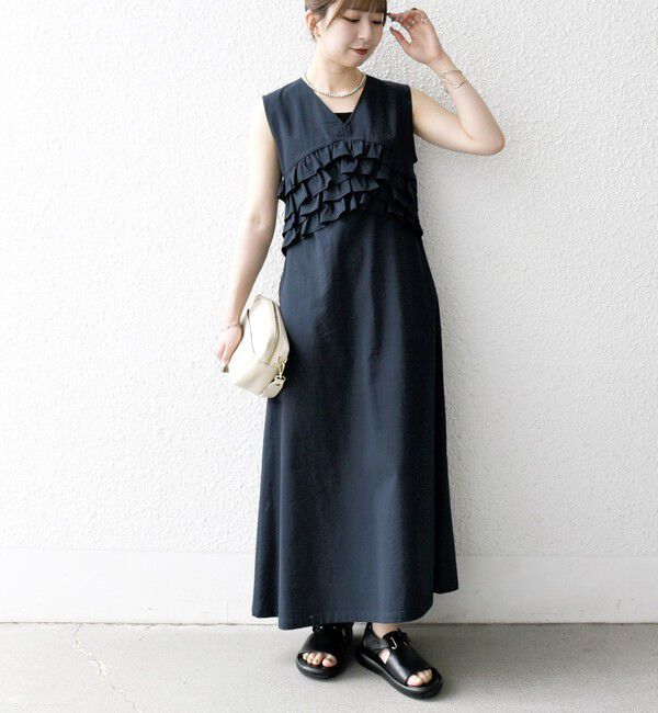 SHIPS any「SHIPS any:〈洗濯機可能〉コードレーン ストライプ フリル Vネック ワンピース」|ワンピース|