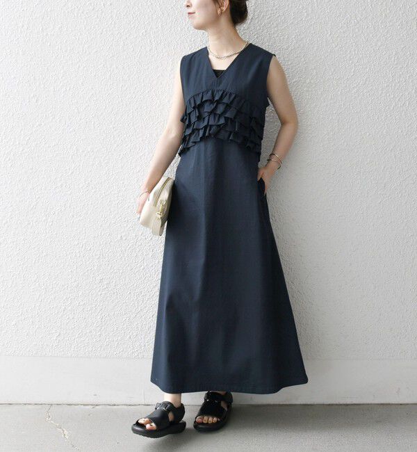 SHIPS any「SHIPS any:〈洗濯機可能〉コードレーン ストライプ フリル Vネック ワンピース」|ワンピース|