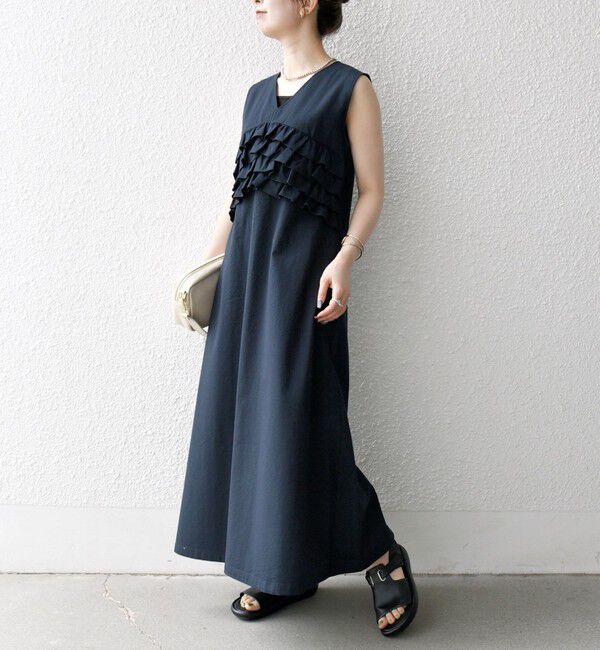 SHIPS any「SHIPS any:〈洗濯機可能〉コードレーン ストライプ フリル Vネック ワンピース」|ワンピース|