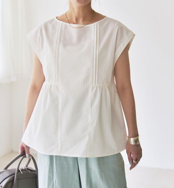 quaranciel「quaranciel:〈洗濯機可能〉ミニサッカー タックギャザー フレンチスリーブ ブラウス」|シャツ・ブラウス|