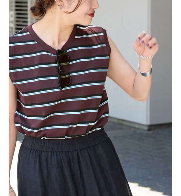 JOURNAL STANDARD「《追加3》汗ジミ防止天竺ボーダーノースリーブ」|Tシャツ・カットソー|ブラウン