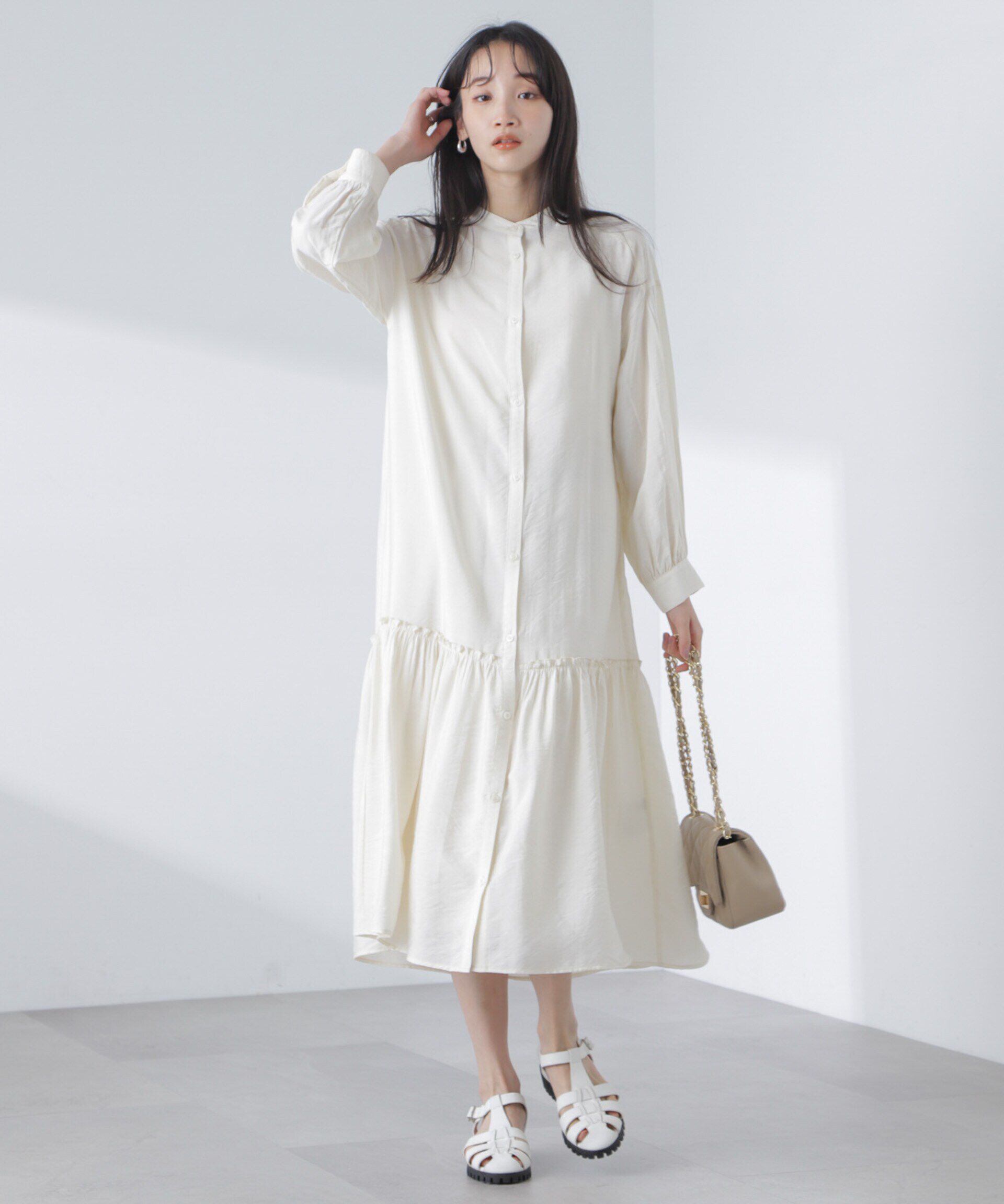 nano･universe「ギャザーヘムスタンドカラーワンピース」|ワンピース|