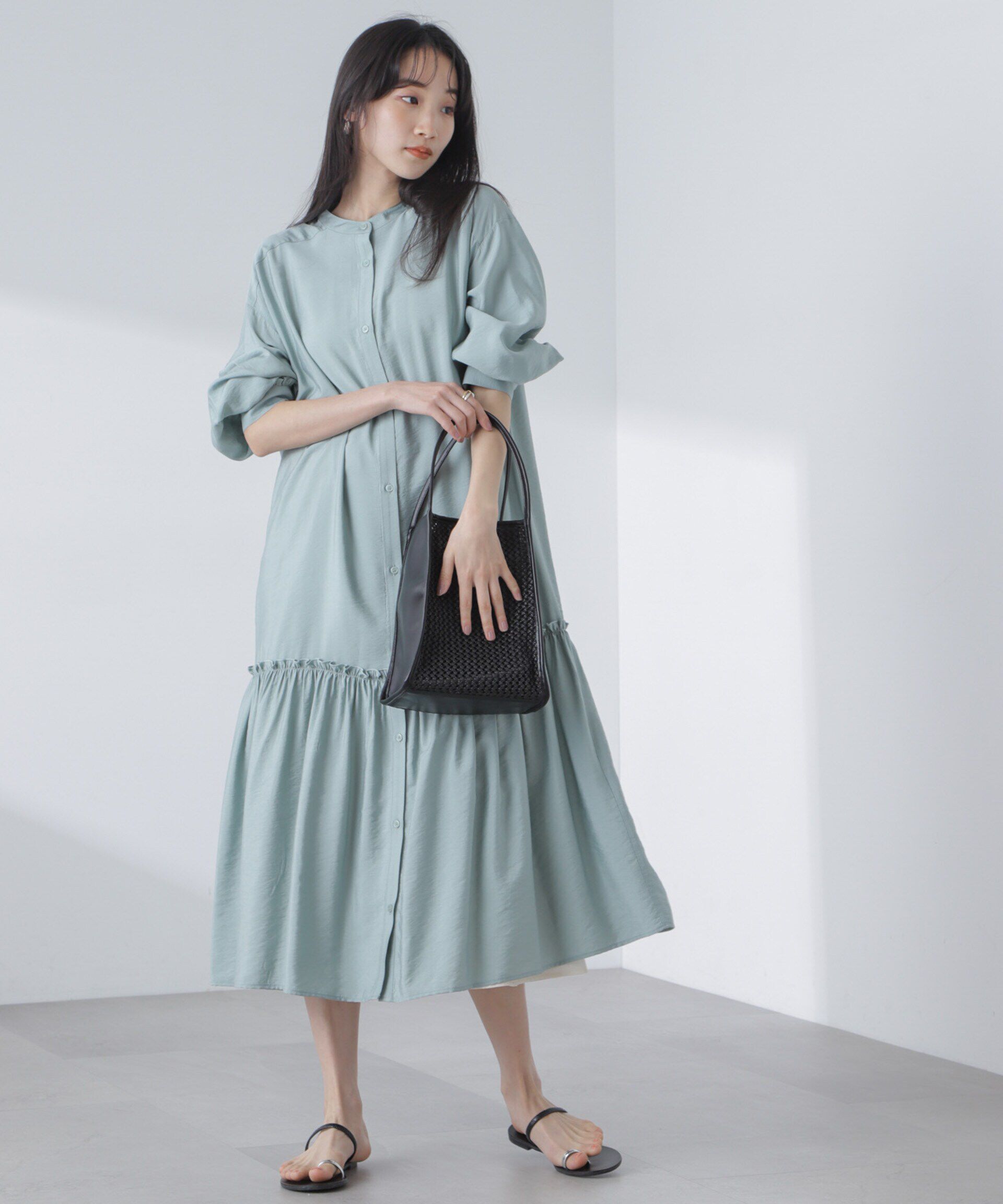 nano･universe「ギャザーヘムスタンドカラーワンピース」|ワンピース|グリーン