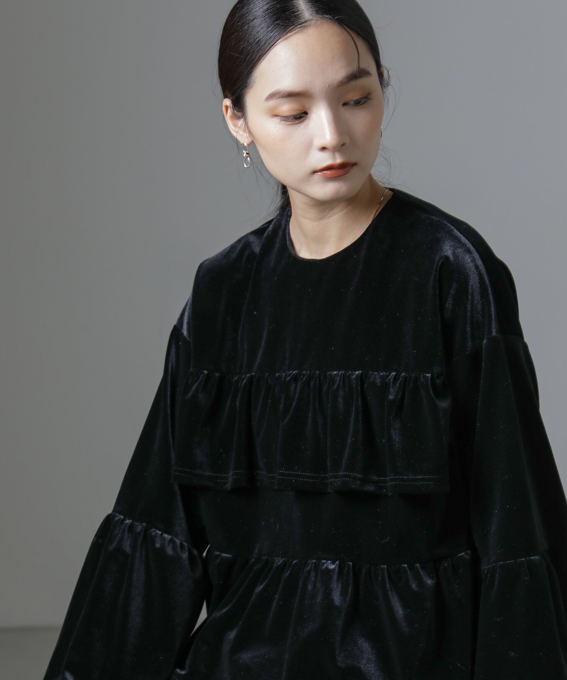 nano･universe「ベロアフリルカットブラウス」|Tシャツ・カットソー|ブラック