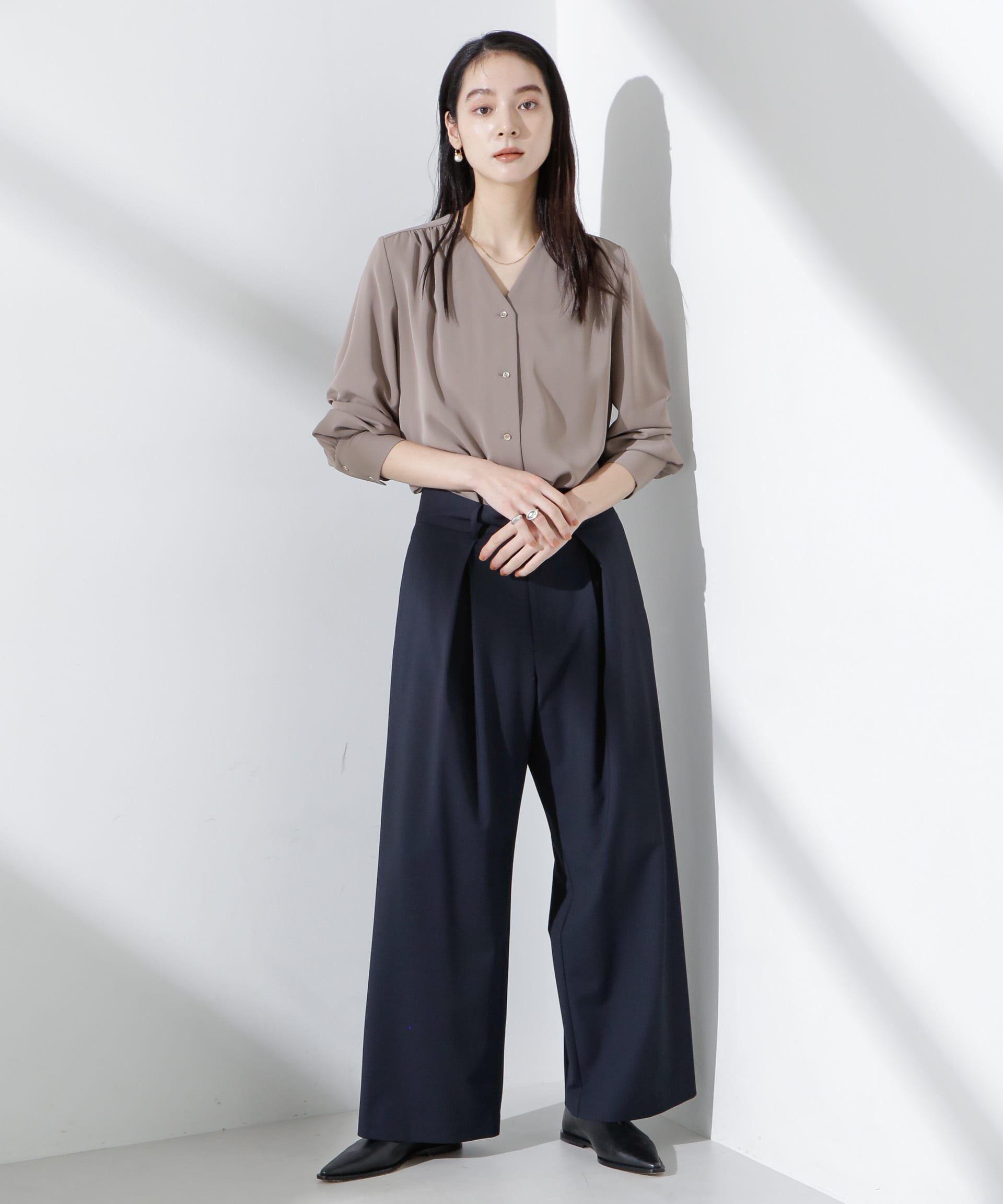 nano･universe「トロストレッチレイヤードタックワイドパンツ（セットアップ可）」|チノ|