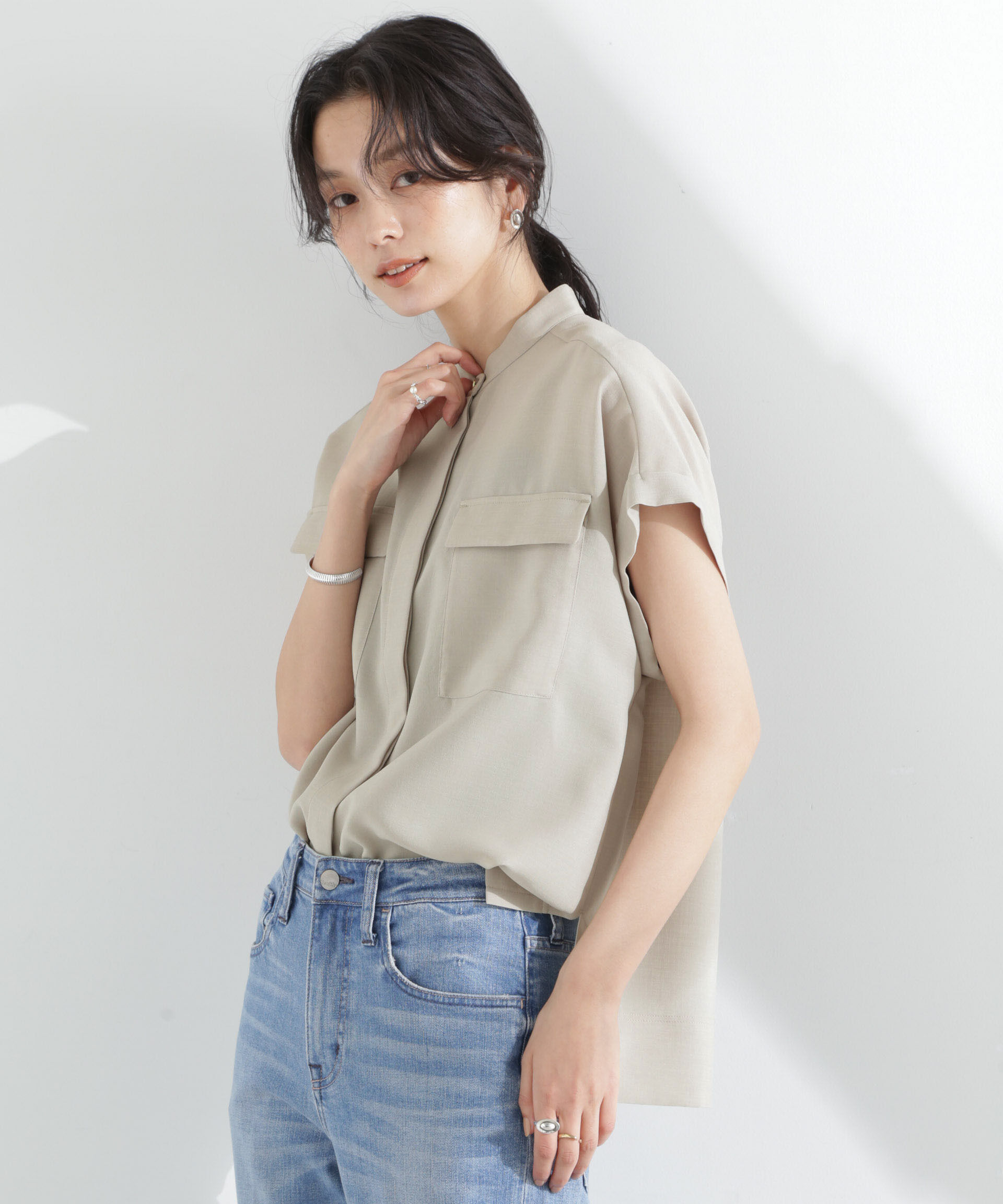 nano･universe「メランジドライ スタンドポケットシャツ(セットアップ可)」|シャツ・ブラウス|ライトベージ 1