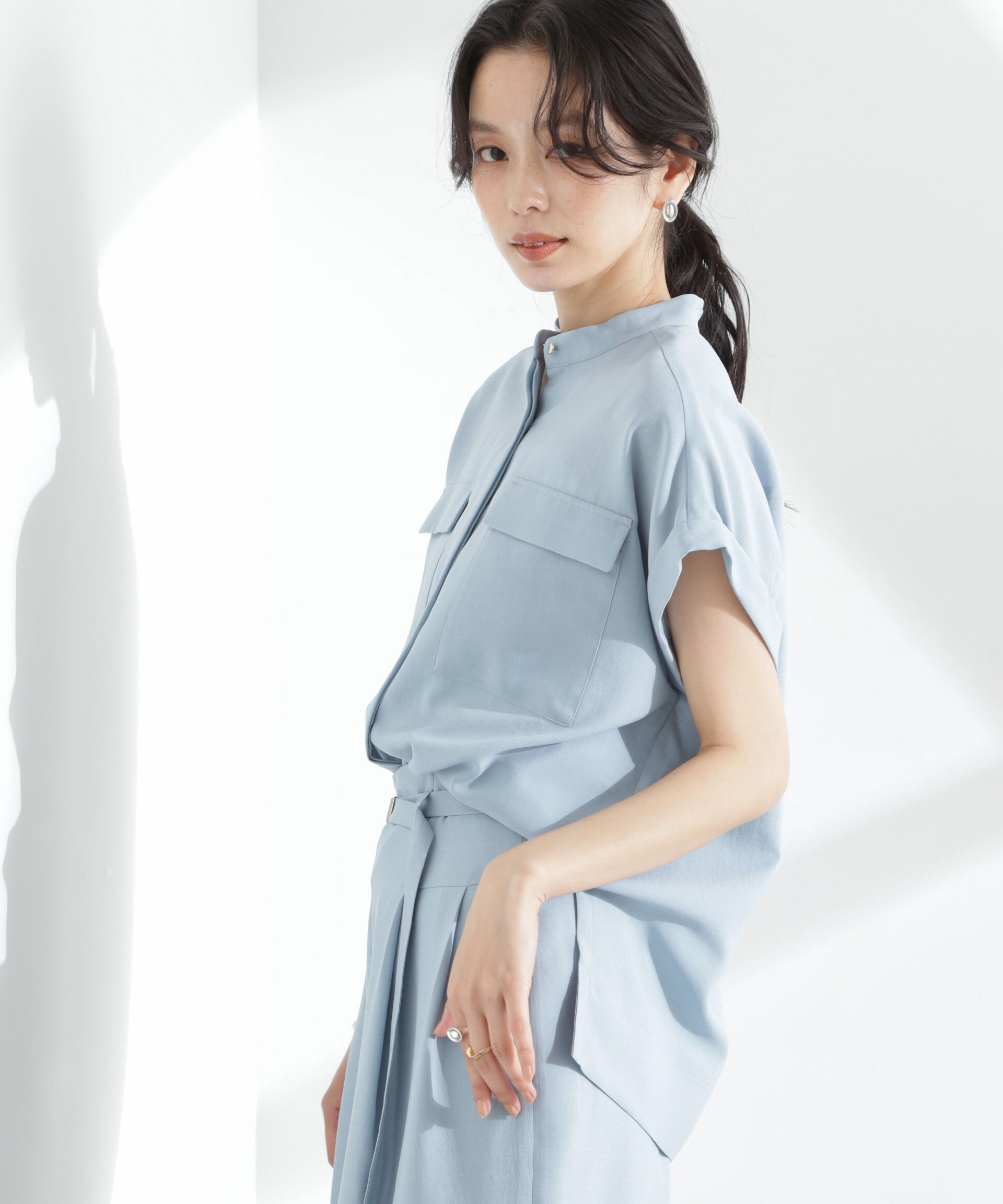 nano･universe「メランジドライ スタンドポケットシャツ(セットアップ可)」|シャツ・ブラウス|