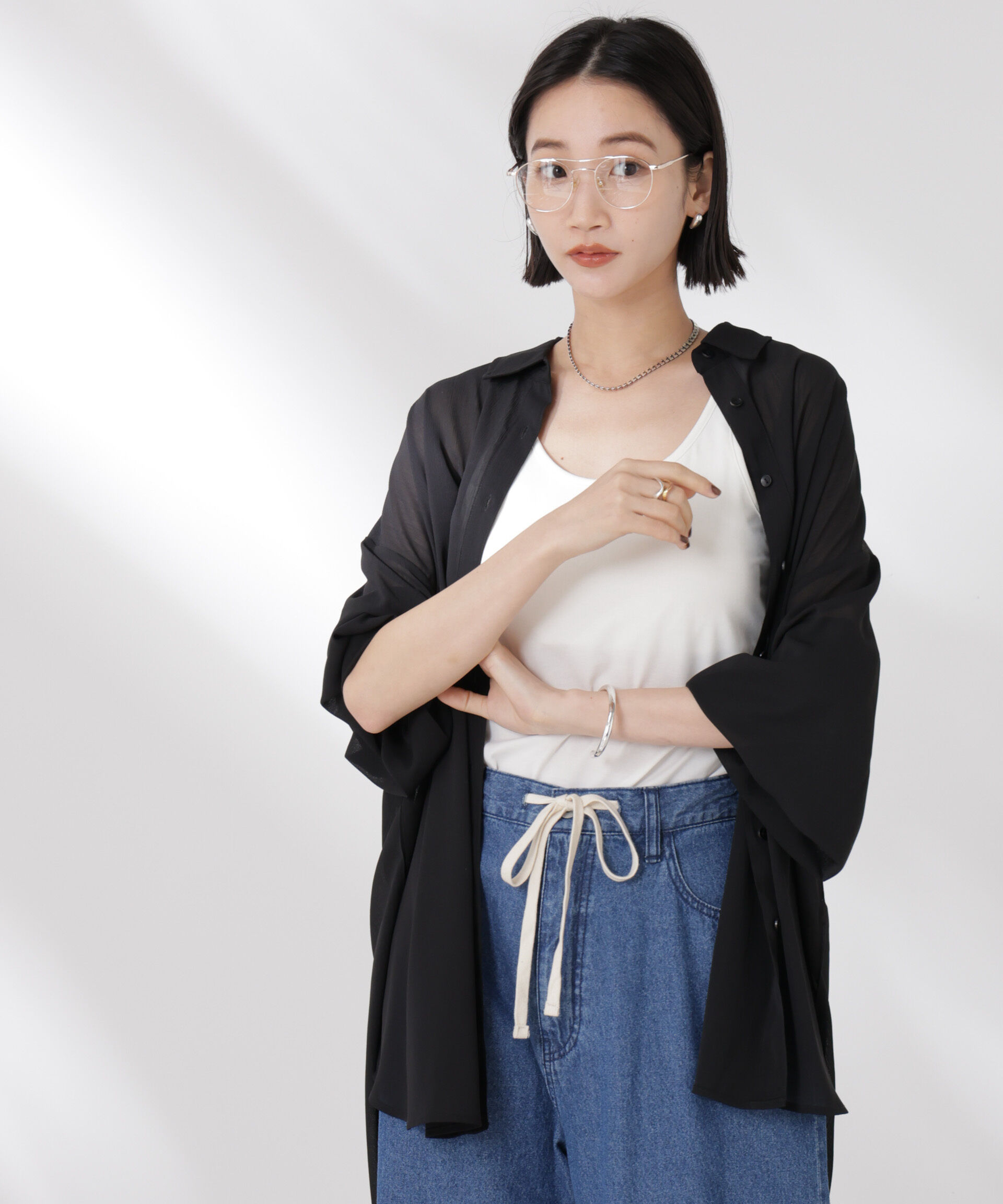 nano･universe「シアー楊柳オーバーサイズシャツ」|シャツ・ブラウス|ブラック