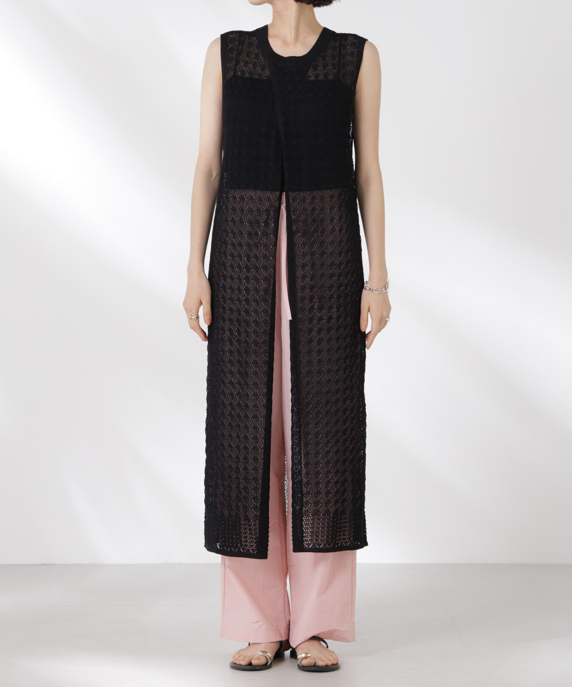 nano･universe「前後2wayダイヤ透かし柄ノースリーブニットワンピース」|ワンピース|