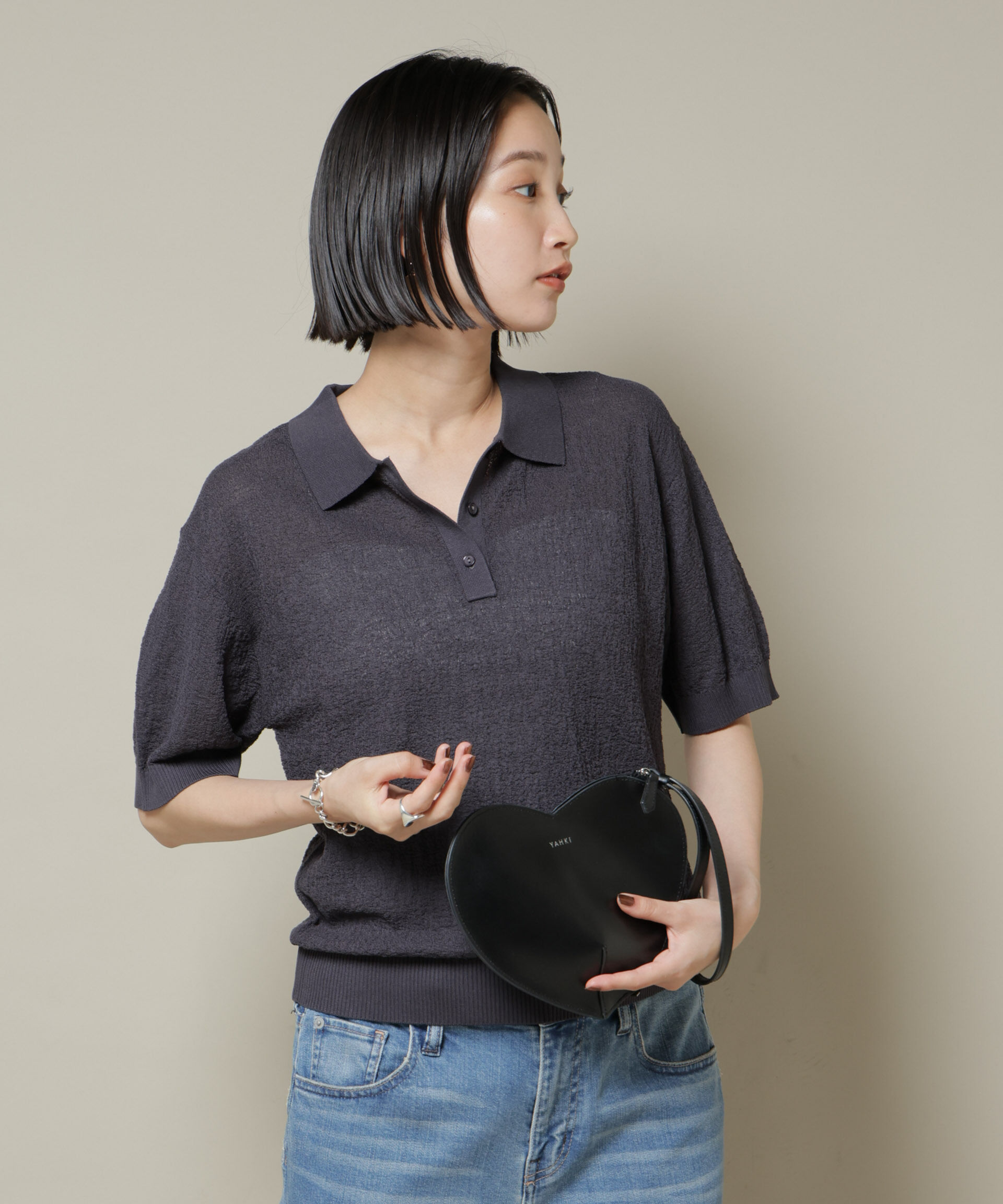 nano･universe「梨地半袖ポロニット」|ニット・セーター|