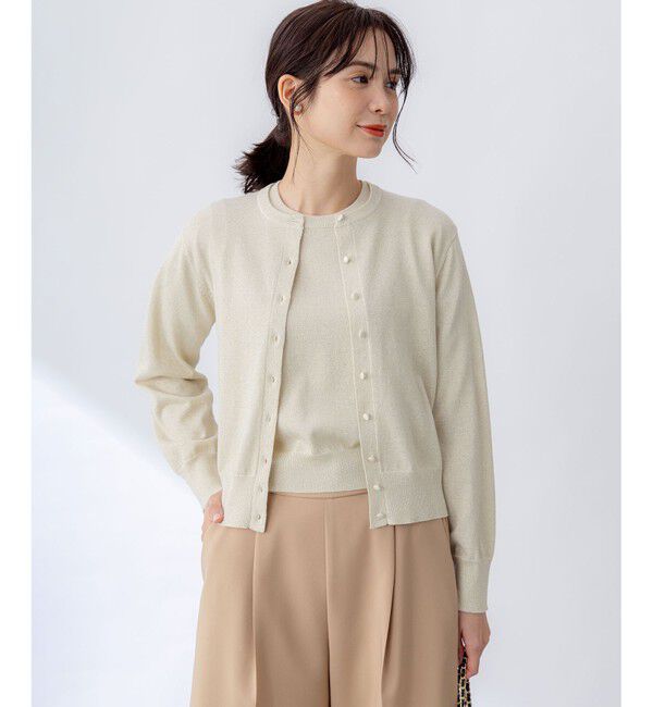 組曲「【WEB限定・2SET】5分袖ラメ入りアンサンブルニット」|カーディガン|ゴールド系