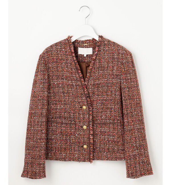 自由区「ラメノットファンシーツイード ジャケット」|ノーカラージャケット|オレンジ系