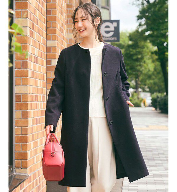 any SiS「ウールライクノーカラー ロングコート」|ノーカラーコート|ネイビー