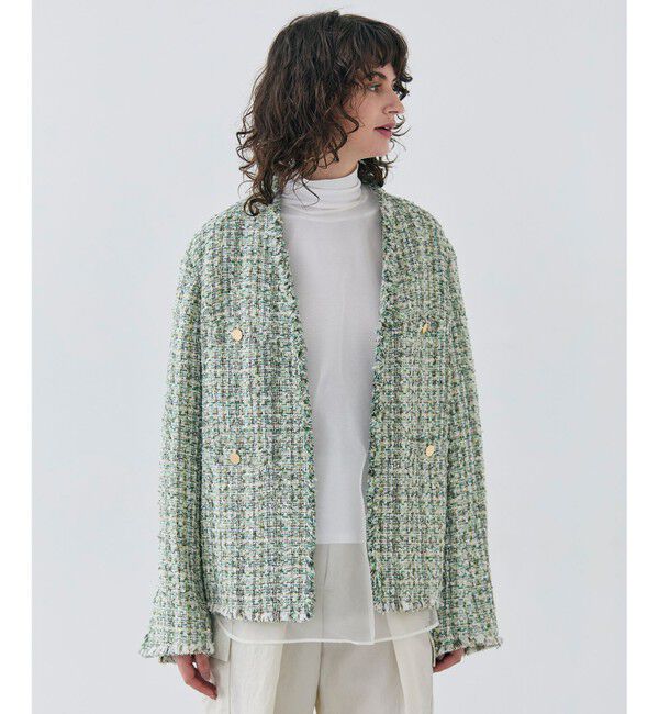 BEIGE,「【Oggi 4月号掲載】TEASEL / オーバーサイズツイードジャケット」|ノーカラージャケット|GREEN MIX
